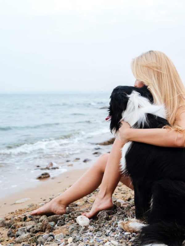 Woman sitting and hugging a dog on the beach